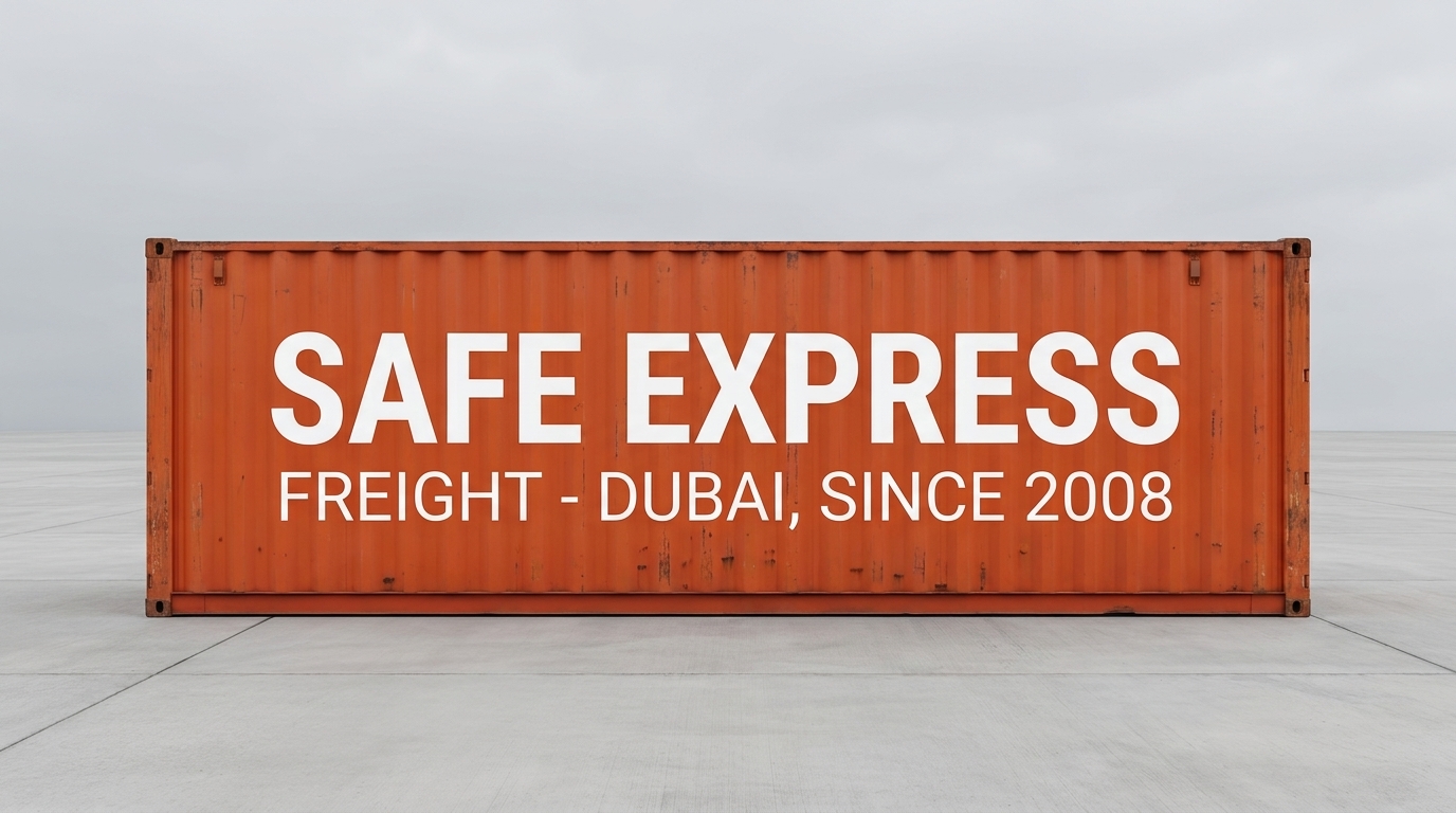 A Safe Express forty-foot container, photographed straight on