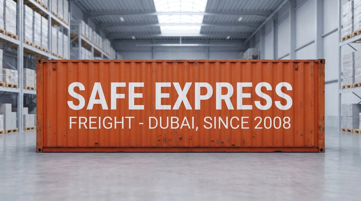 The container on the warehouse floor, racking either side